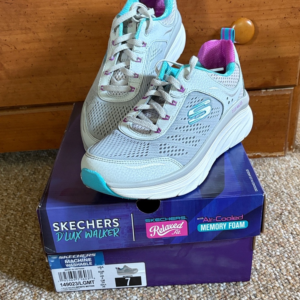 Skechers D'LUX Walker Women's Light Gray with Teal & Purple Accents